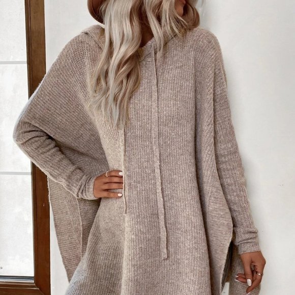 . Sweaters - Casual Womens Hooded knit Sweater top Khaki